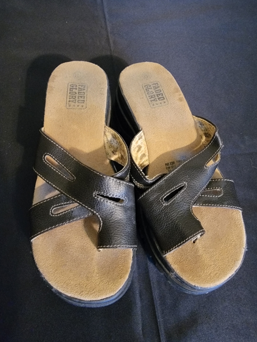 Faded Glory Black Slide Sandals with Tan Footbed
